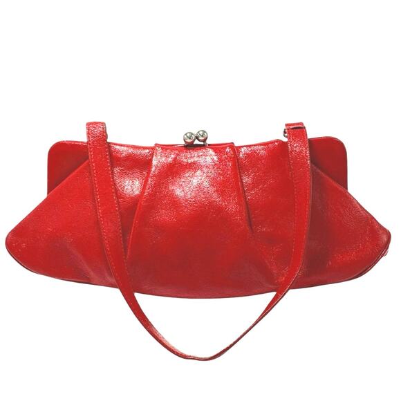 HOBO Red Leather Shoulder Bag w/ Kiss Lock Closure, Black & White Gingham Lining - Picture 1 of 9